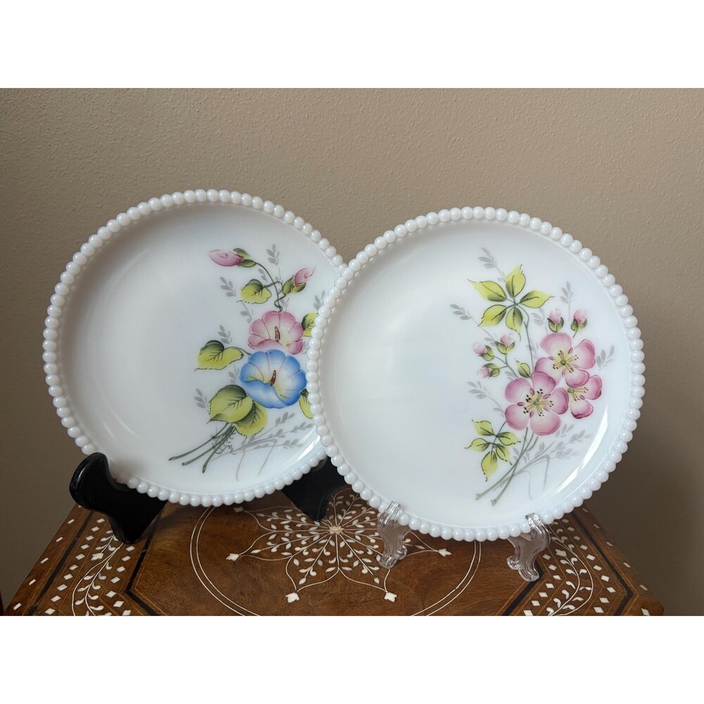 Vintage Pair Of Westmoreland Floral Beaded Milk Glass Luncheon Plates